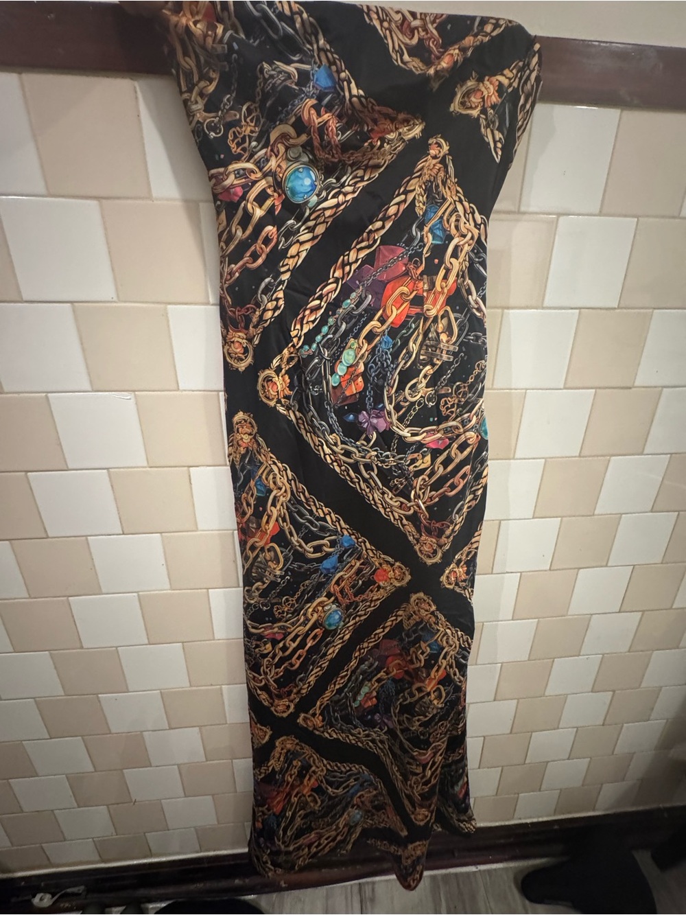 AKIRA Black Maxi Dress with Gold Chain and Multicolor Jewel Print